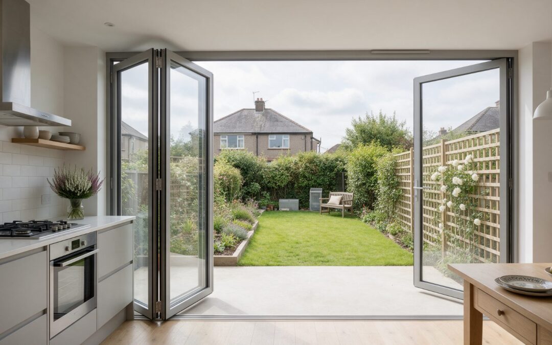 Grey aluminium bifold doors folded open from a kitchen extension onto a garden