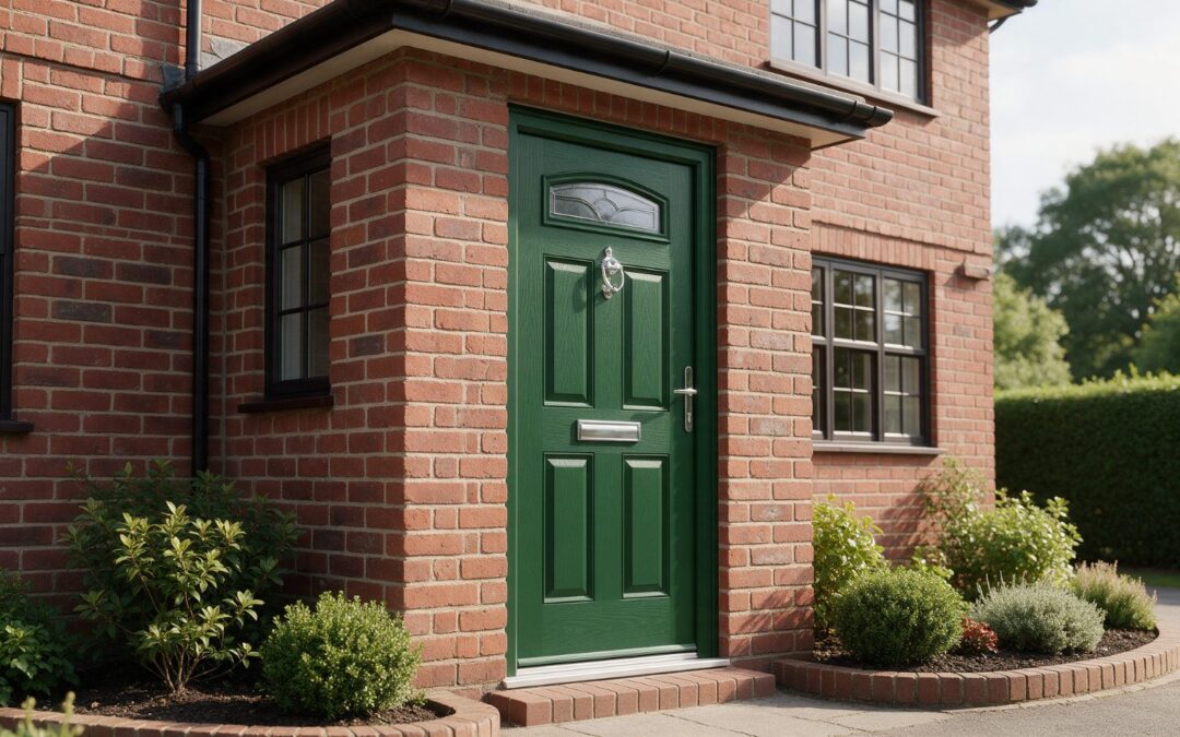 Chartwell Green composite front door with chrome handle and letterplate on a brick house