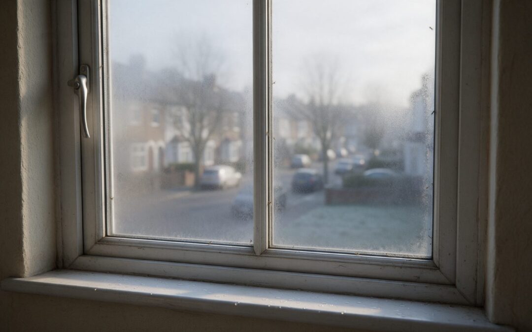Old double glazed window misted between the panes with condensation on the sill