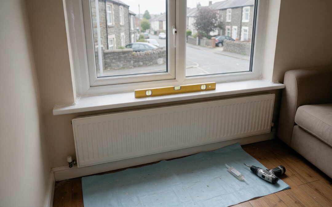 Newly fitted white uPVC casement window with a spirit level on the window board and fitting tools on a dust sheet